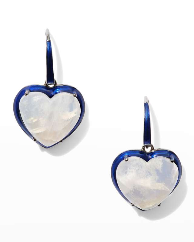 Small Enameled Heart Drop Earrings, Rainbow Moonstone